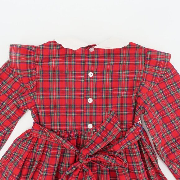VTG Happy Kids Girls 5 Red Plaid Tartan Check White Collar Smocked Dress Holiday - Picture 7 of 13
